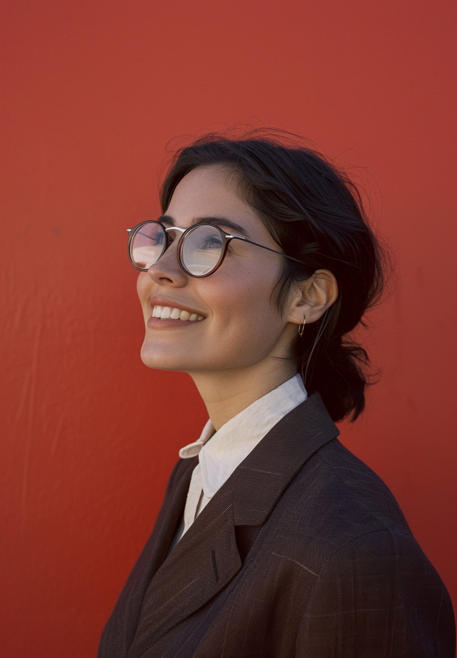 a woman in glasses smiling posing with a suit and brown eyes looking away, in the style of light beige and dark amber, hasselblad 1600f, polished craftsmanship, light red and white, transparent/translucent medium, traditional craftsmanship, school of london --ar 9:13 --style raw --v 6 Job ID: c7fb215d-9509-4862-8558-2e5761856e2c